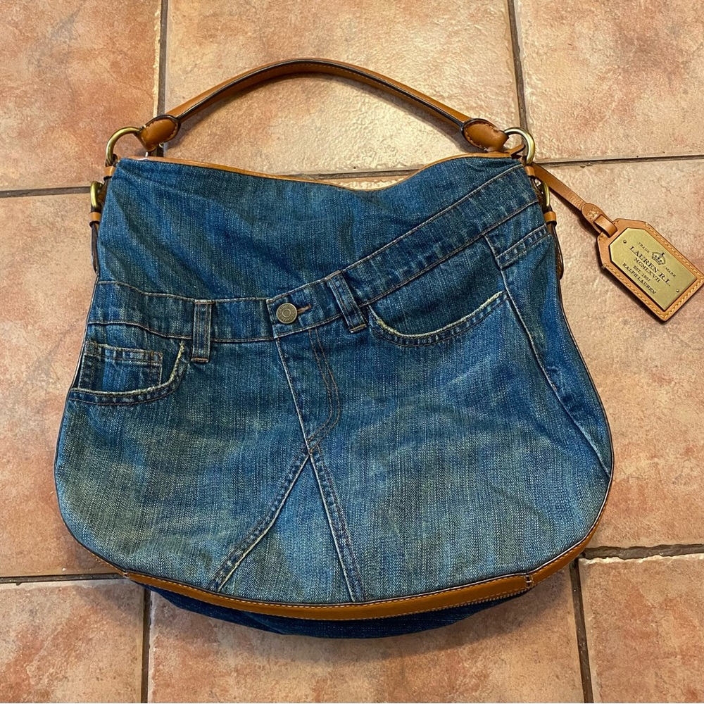 Ralph Lauren Denim Leather Hobo Handbag EXTREMELY RARE❣️ - Picture 3 of 16